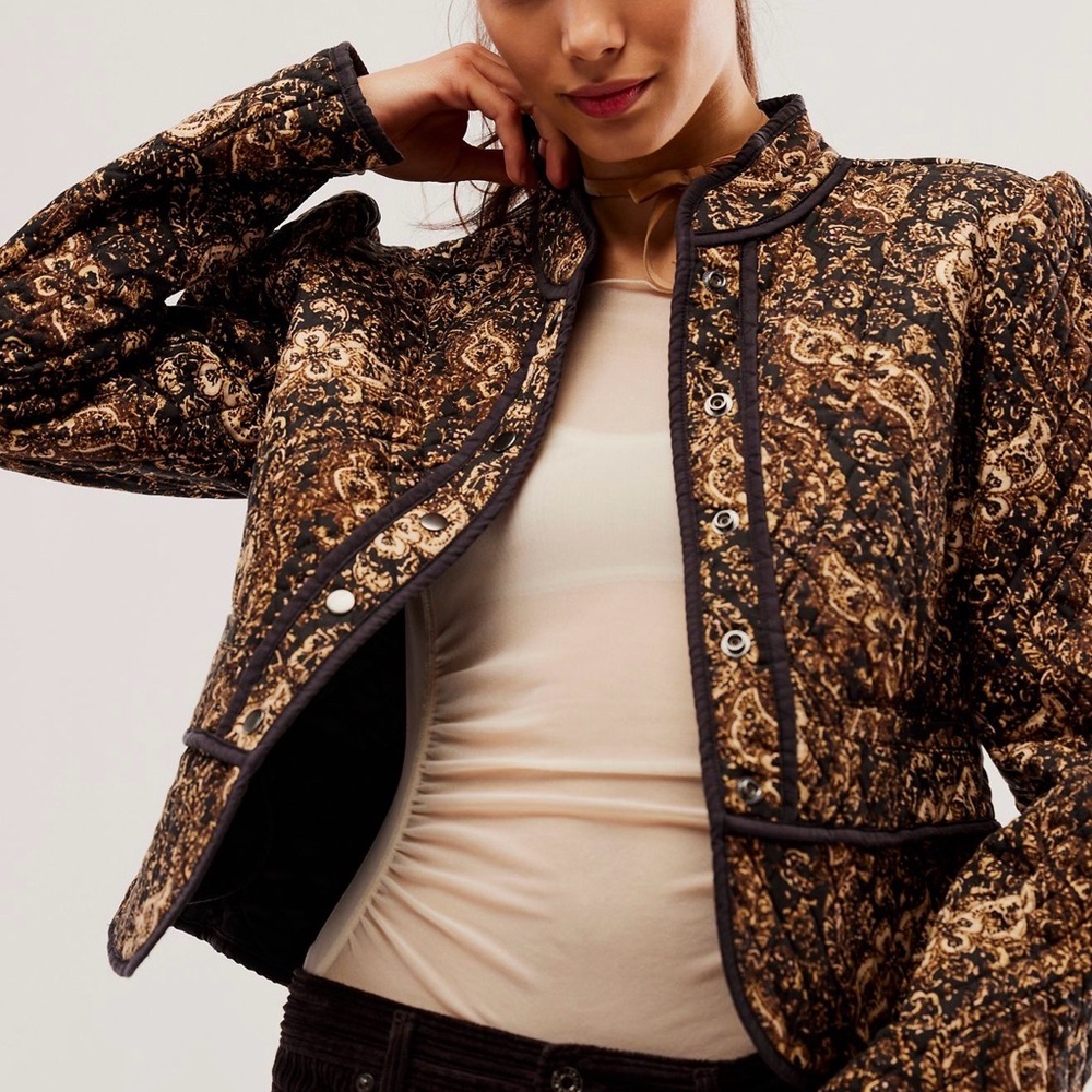 NWT Free People Zoey Quilted Jacket Black Cream Brown Paisley Print